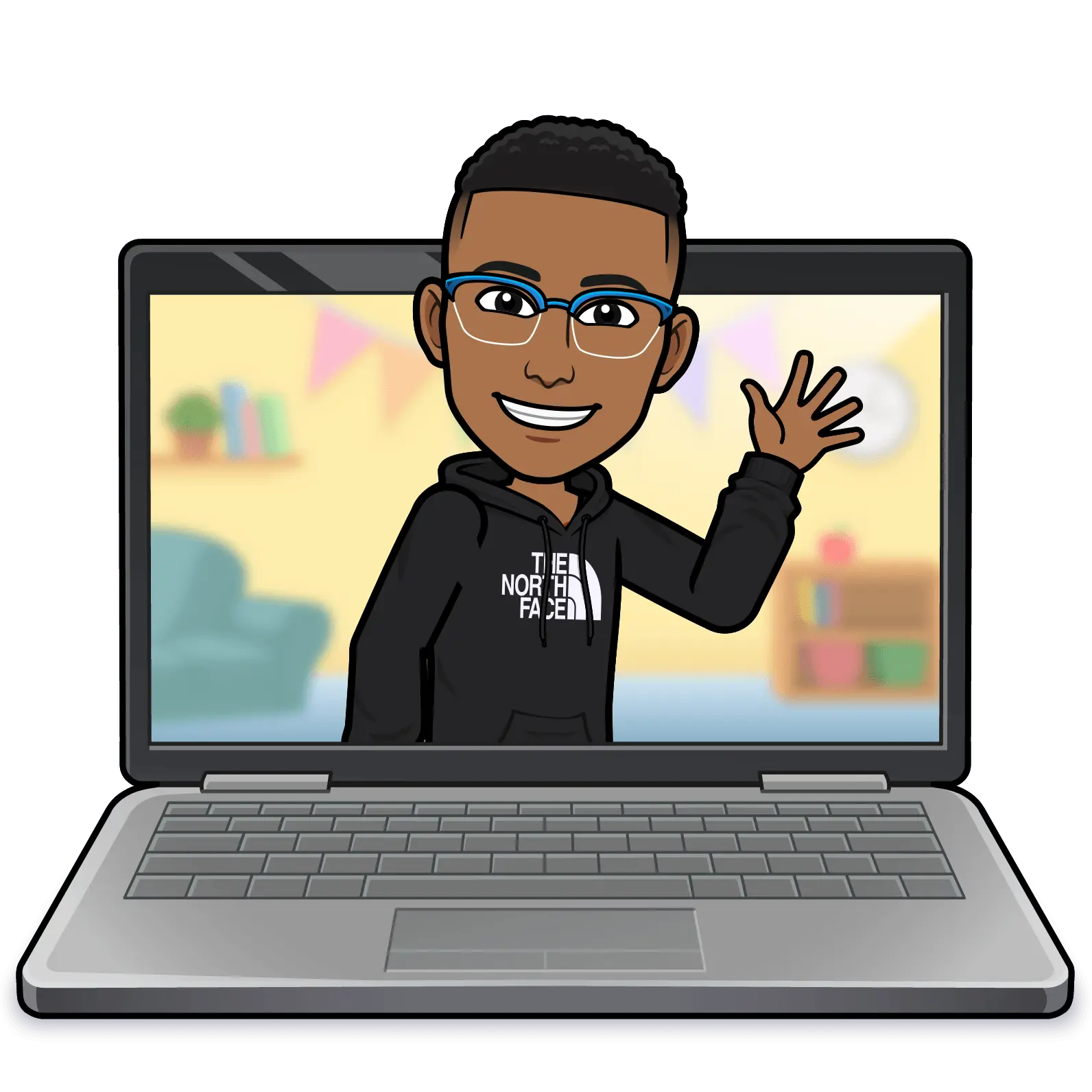 mishael's bitmoji popping out and waving from a laptop